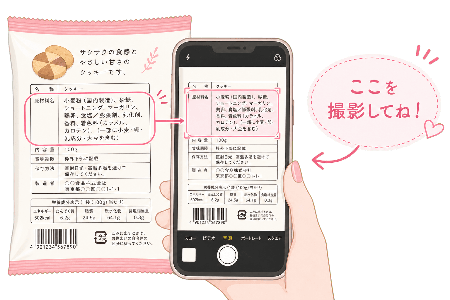 食品パッケージの原材料表示をスマートフォンで撮影する例